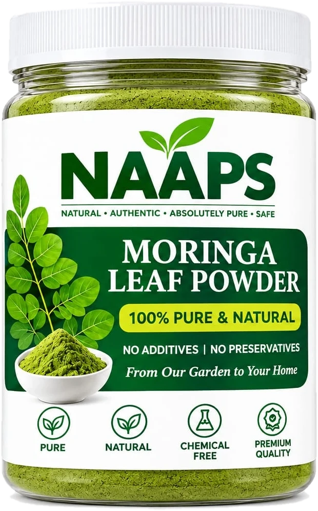 Front label of the NAAPS Moringa Leaf Powder jar