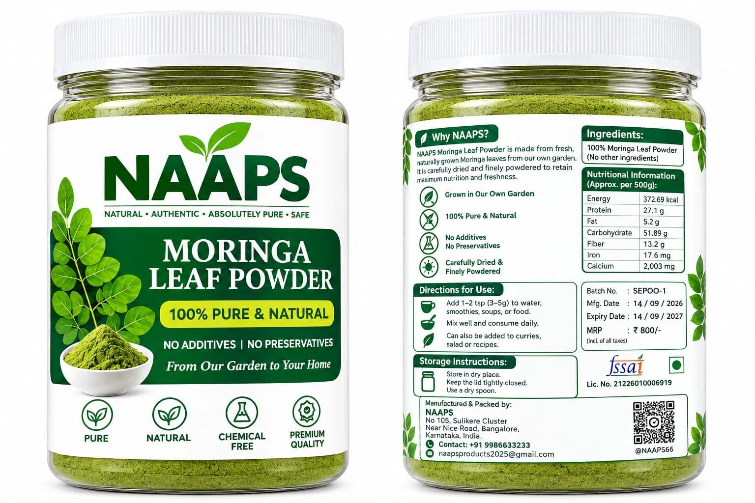Front and back of the NAAPS Moringa Leaf Powder jar