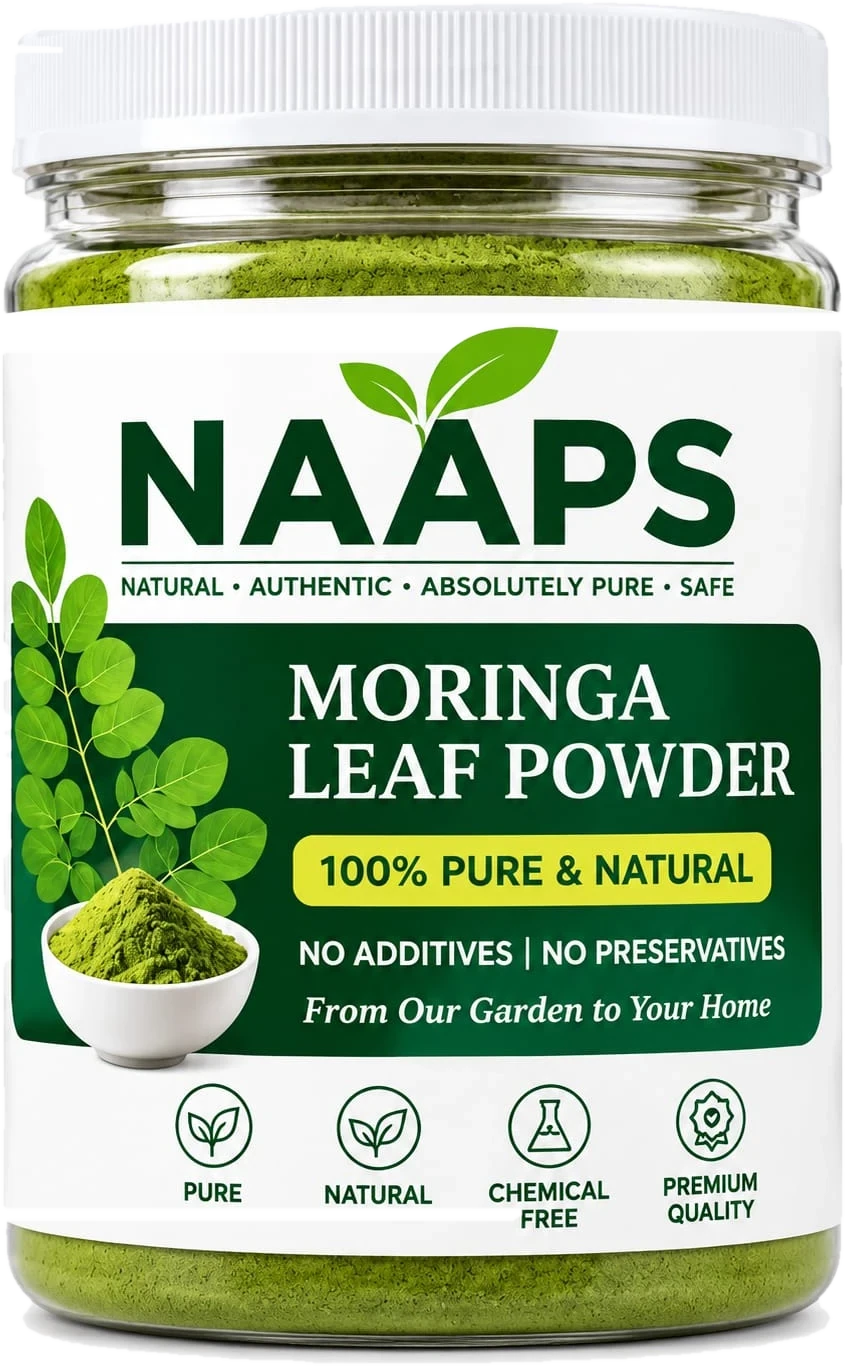 A jar of NAAPS Moringa Leaf Powder